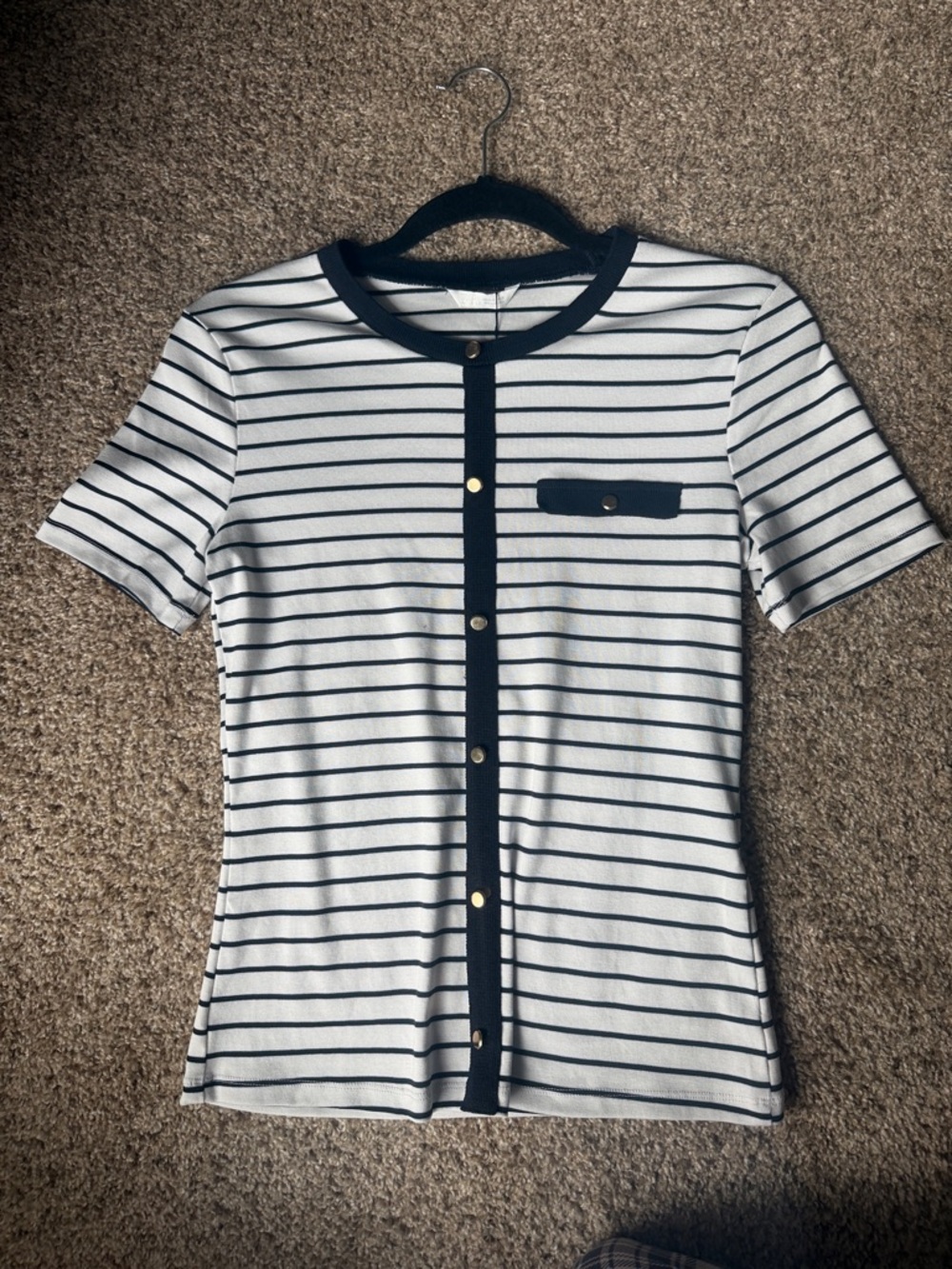Zara White and Navy Striped Short-Sleeve Cardigan